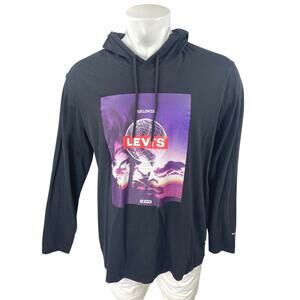 Levi's Men's Black Graphic Print Long Sleeve Hooded Hoodie Sweatshirt Top Size L